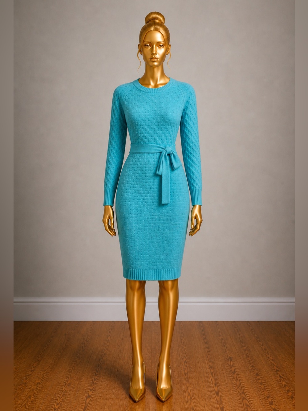 SHEIN Turquoise Mint Cable Knit Dress M Belted Knot, Raglan Sleeve, Knee-Length